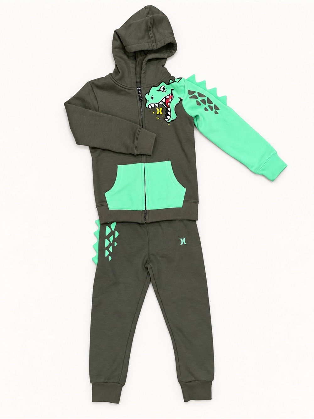 Hurley Boys Size 5 Dinosaur Spike Zip Hoodie & Jogger Pants Set Green